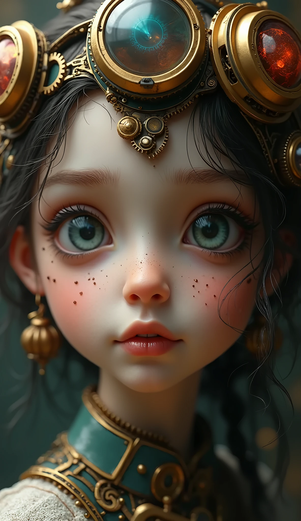 a whimsical steampunk girl with ADHD, intricate gears and mechanisms, copper and brass accents, vibrant colors, fantasy elements, detailed portrait, Dramatic lighting, surreal atmosphere, digital art, cinematic composition, hyperdetailed, Artstation, concept art. (Better quality,4k,8K,High resolution,masterpiece:1.2),ultra detailed,sharp focus,(realistic,photorealistic,photo-realistic:1.37),very detailed face,extremely detailed facial features,hyper realistic skin texture,extremely fine details,intricate details,
detailed eyes,Detailed nose,Detailed lips,Detailed facial expressions,intricate facial anatomy,bright lighting,
dramatic lighting,changing lighting,cinematic lighting,chiaroscuro lighting,dramatic shadows,dramatic moments,
vivid colors,intense colors,Deep contrast,cinematic depth of field,film composition,cinematic camera angle