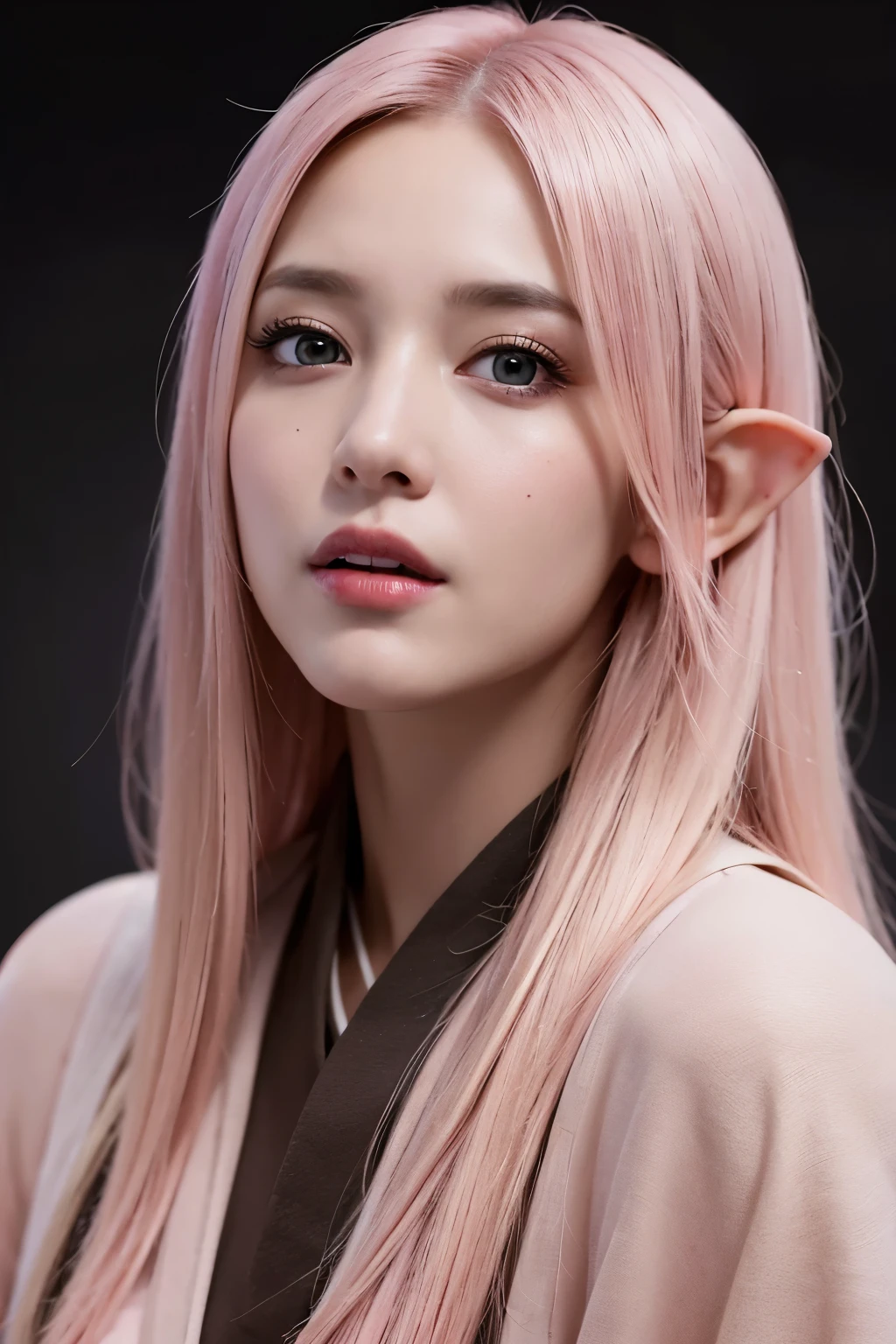 Best quality, masterpiece, ultra high res, (photorealistic:1.4), raw photo, 1girl, light pink hair, brown eyes,  detailed eyes and face, mage robe, dynamic lighting, in the dark, deep shadow, low key, elf