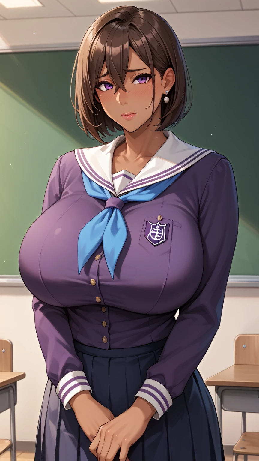 Score_9, score_8_up, score_7_up, score_6_up, score_5_up, score_4_up, source_anime, solo, 1girl, student, young female, sagging huge breasts, wide hips, thick thighs, huge areolae, areola slip, black areolae, sitting in classroom, notebook on desk, sideview, detailed eyes, brown eyes, looking at viewer, pov, crowded, sailor uniform, sleeveless, bracelet, brushed smile, collarbone, head tilt, hairy stomach hair, hairy armpit hair, bukkake cum shot, sperm, raper with big penis, Japanese, hentai, cum shot penis, crowded