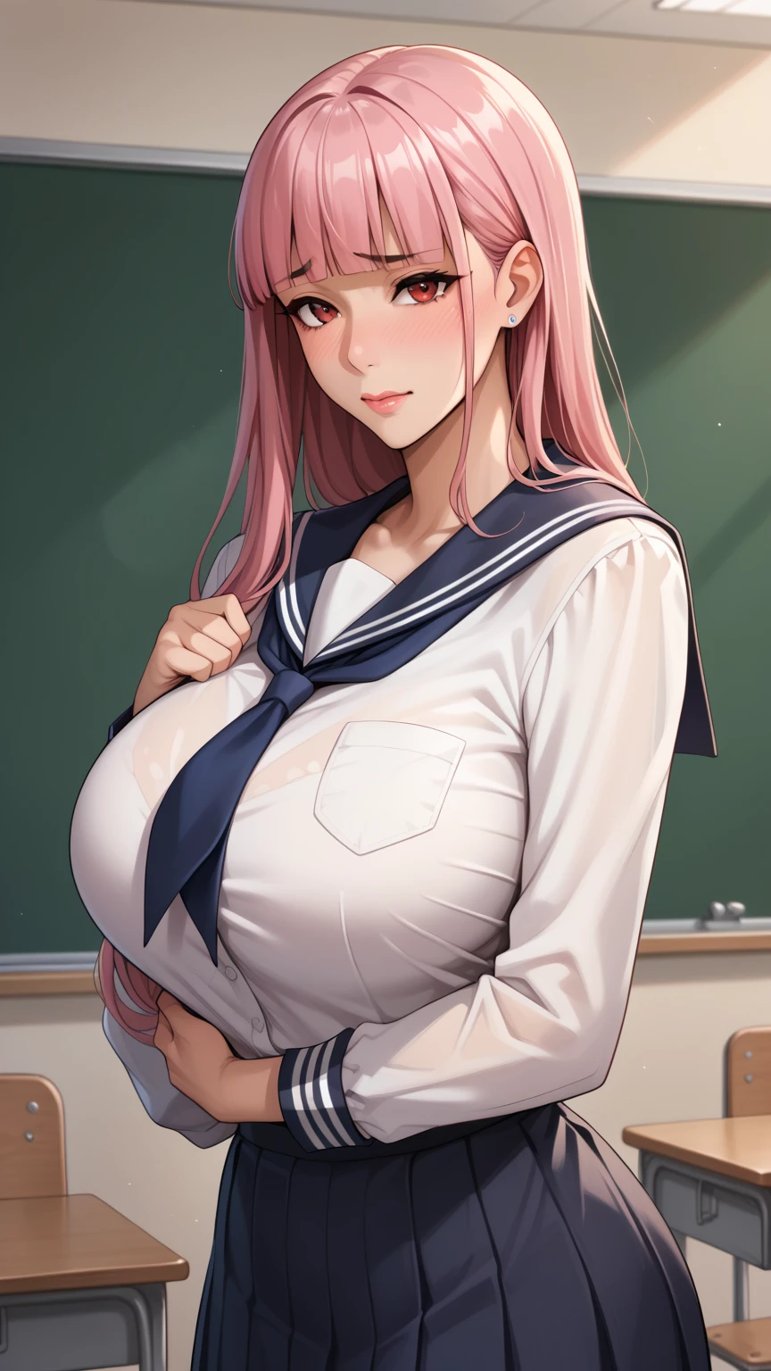 (masterpiece, best quality, ultra-detailed, high resolution, detailed eyes), {{{1mature female}}}, beautiful female, anime, (40 years old), (school girl uniform, sailor), curvy body, large breast, (makeup:1.0), big eyes, earrings, pet collar, (open mouth:1.4), (tongue out:1.4), (breath:1.3), sitting, spread legs, skirt lift, masturbation, fingering pussy, orgasm, trembling