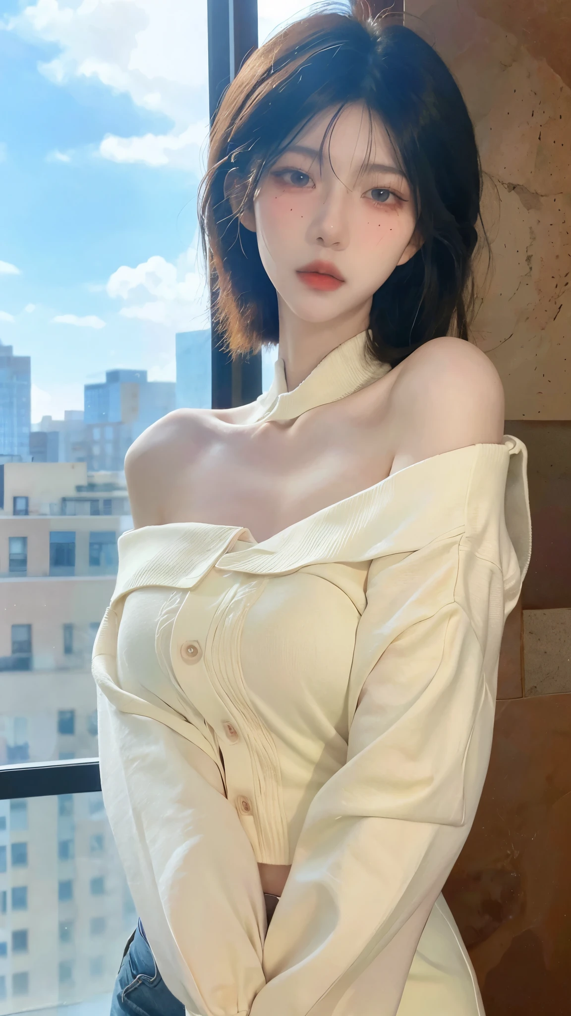 Beautiful woman with perfect figure:1.4,snow,Touching butt with both hands,snow background,Layered Hairstyle,White skin,Prominent cleavage,Pleated Skirt,whole body,Very delicate face and skin texture,Double eyelids,Skin Whitening,Long white hair