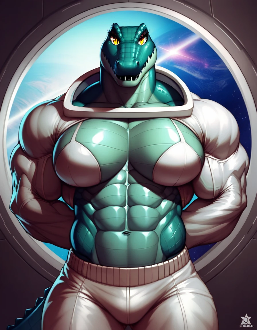 Solo, male, standing, underwear, space, spaceship, window, alligator, massive, enormous, tall, huge, wide, thick, buff, giant biceps, huge pecs, muscular, big bulge, by bebebebebe, smirking, smug expression, big tail, thick tail, evil grin,