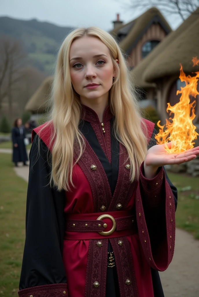 a beautiful sorceress with long blond hair dressed in a magical red and black robe casts a fireball in a dynamic pose against the background of a picturesque hobbit village, concentration, cold atmosphere, a bizarre mix of colors