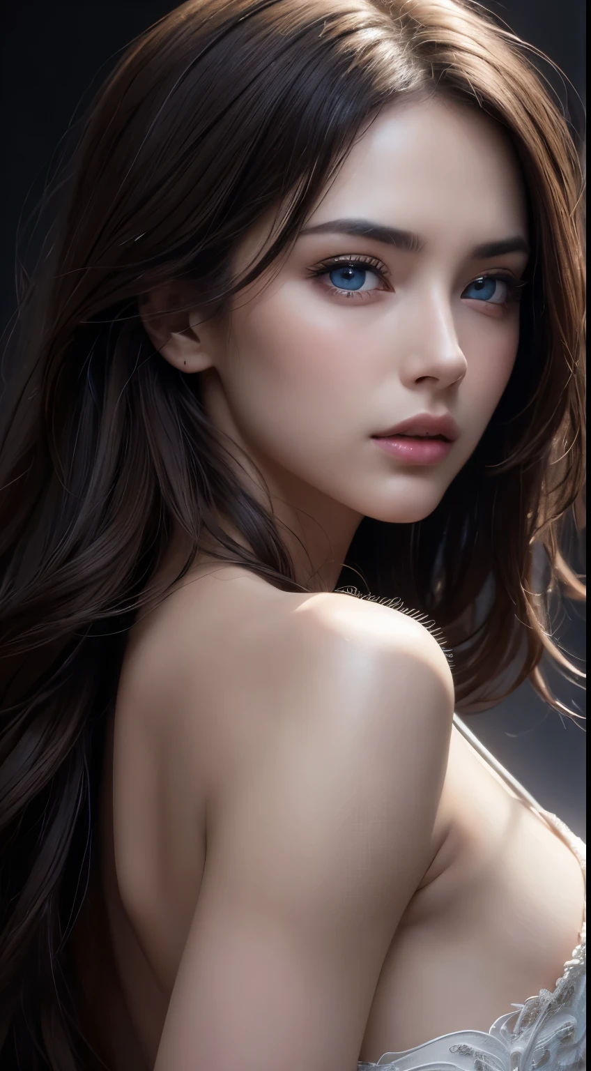 Whole body visible, 1girl,solo,long hair,brown hair,looking at viewer,realistic,Pure bule fashion background,brown eyes,naked,bare shoulders,upper body,lips,parted lips,from side,looking to the side,breasts,masterpiece,best quality,high quality,face focus,fashion photography,nsfw, seducing