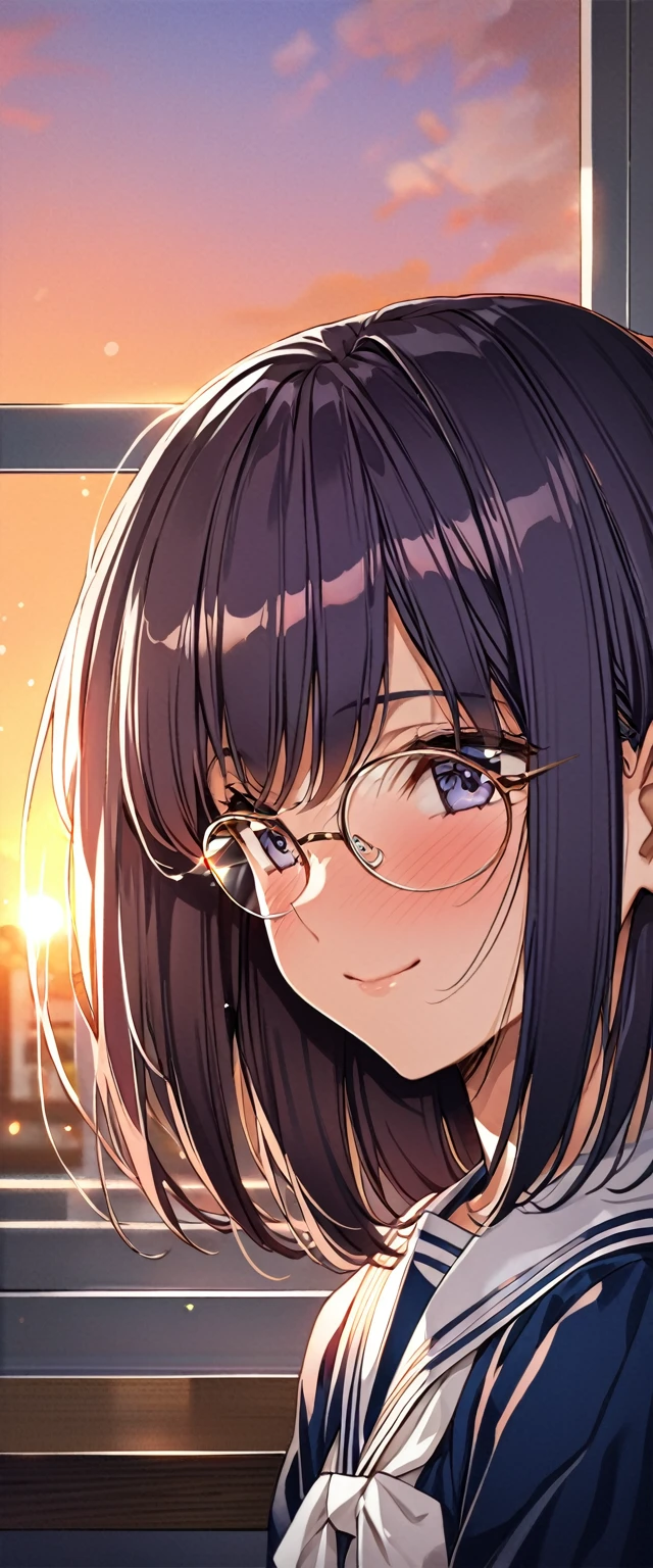 (((High image quality、masterpiece、High definition)))、A Japanese high school girl、Long-sleeved navy blue sailor suit、School classroom, evening, sunset, Short Hair, Round Glasses, Smiling Kindly, blush, ((Depiction of upper body only))