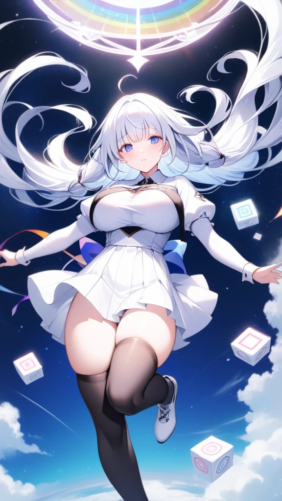 thin (cute little girl:1.2) standing in forest, childish, (disproportionately (perky gigantic breasts:1.3) despite little child:1.1), (cleavage:1.3), (frilled white shirts with open chest wide), BREAK, large cute eyes, loli face, BREAK, (shining magic texts in shining magic circulars:1.2), BREAK, thin long legs, too thin waist, arms behind back, BREAK, (very long white straight hair:1.2), blunt bangs, BREAK, (long black thighhighs with white line), BREAK, short black capelet, short black high-waist skirt cinches waist tight, BREAK, looking at viewer, (nose blush:1.2)