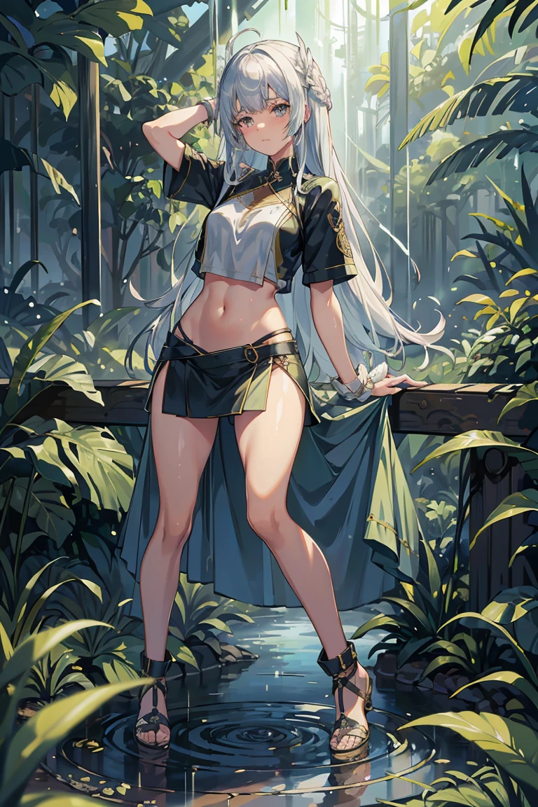 standing in the woods, in a bad mood, hands on hips, (((wearing a very sexy bikini))), heels, work of art. (toned legs), (toned tummy), bright green eyes