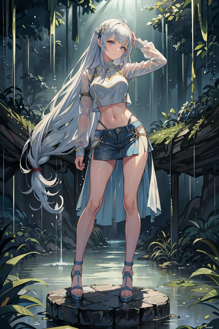1 female,The perfect 25 years old,((ideal ratio body proportions:1.6,small head:1.7)),(tan skin),((high quality anime, 8k,masterpiece,Perfect Anatomy)),nsfw,(beautiful detailed face and eyes,gorgeous eye:1.3,Almond Eyes), BREAK ,brown eyes, BREAK ,female knight、(silver hair),Straight long hair,bangs,shy,blush,Heavy breathing,in heat、 BREAK ,cowboy shot,medium breasts,slender body,skinny,wet, BREAK ,A rustic white cropped sleeveless top、Crop length、navel, Brown leather micro shorts、Wet crotch、Brown leather long boots、squatting,spread legs、 BREAK ,Fantasy World、Inside the cave、Sheltering from the Rain、Rocky area、Bonfire light、In the rugged mountains、at night、