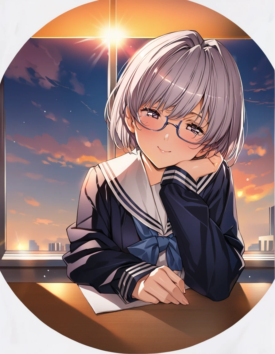 (((High image quality、masterpiece、High definition)))、A Japanese high school girl、Long-sleeved navy blue sailor suit、School classroom, evening, sunset, Short Hair, Round Glasses, Smiling Kindly, blush, 