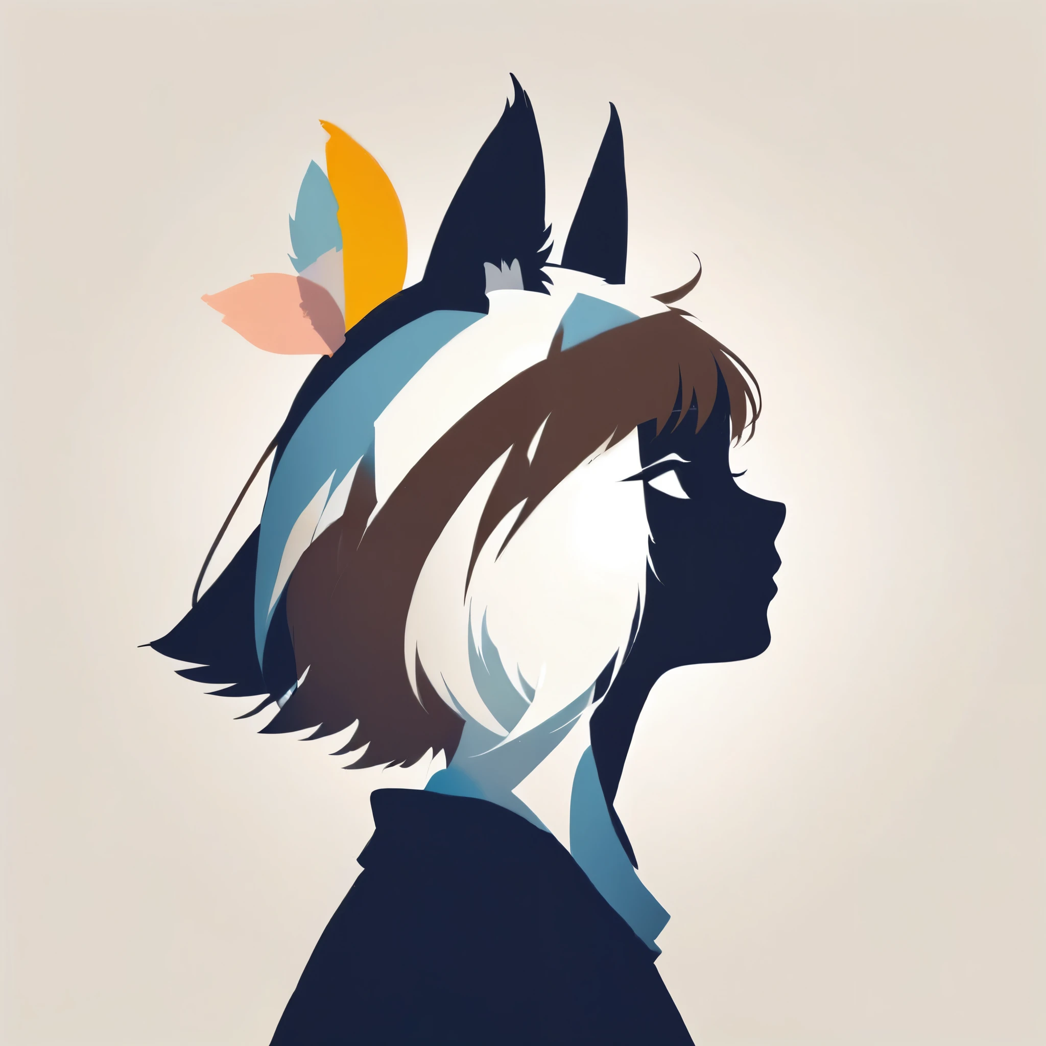 PORTRAIT OF A GIRL,1GIRL, illustration-style,modern,eye-catching pose,striking composition,sleek lines, unique pattern,abstract elements,geometric shapes,GEOMETRIC LOGO, , , expressive strokes , ,ANIMAL EARS, ANIMAL NOISE,CAPYBARA EARS, ANIMAL NOISE,ears through headwear,SMILE, HALF CLOSE EYES, BROWN AND WHITE ANIMAL EARS,BROWN HAIR,((SILHOUETTE:2)),SIDE VIEW,