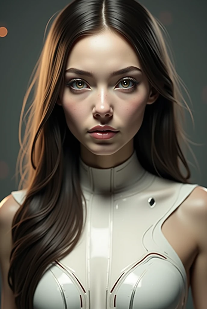 close-up shot, brunette ,futuristic , slim woman, looking strait ,with tatoos  no make-up, detailed skin, light freckles, shallow depth of field, OverallDetail <lora:more_details:0.3> , shiny, shiny hair, shiny skin, shiny clothes