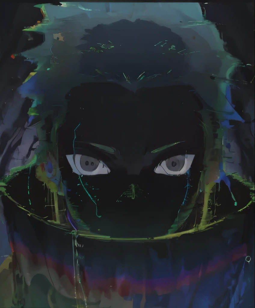 (ultra-detailed),(masterpiece),(best quality),dark,glitch,rainbow,25 old man,black eyes,covered mouth,looking at viewer,portrait,solo, Gaku, Sakamoto Days, spiky hair