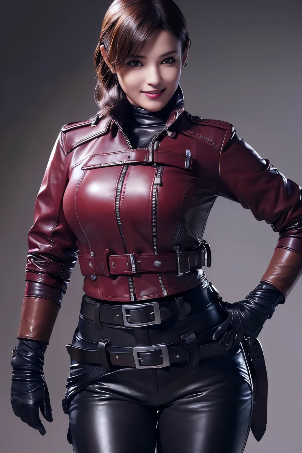 (Realism:1.4),Resident Evil 6,Ada,Brown Hair,No background,look at me,A body that makes you want to touch it,foxy make up,Pink Lips,smile,she is Wearing ((long sleeve rider jacket(red leather)) and ((one waist belt)(Black leather)(metal buckle)) and ((Skinny long pants(Black leather))) and ((((gloves)))(black leather)),intelligent and beautiful star model,(chin is thin),Costume made of thick leather fabric, (G cup breasts)(slender body shape) ,young face,, smile,young,Looking at viewer, High Resolution, 