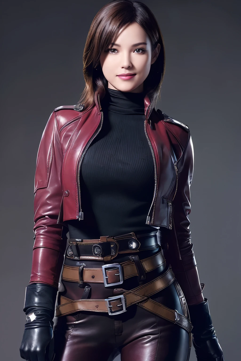 (Realism:1.4),Resident Evil 6,Ada,Brown Hair,No background,look at me,A body that makes you want to touch it,foxy make up,Pink Lips,smile,she is Wearing ((long sleeve rider jacket(red leather)) and ((one waist belt)(Black leather)(metal buckle)) and ((Skinny long pants(Black leather))) and ((((gloves)))(black leather)),intelligent and beautiful star model,(chin is thin),Costume made of thick leather fabric, (G cup breasts)(slender body shape) ,young face,, smile,young,Looking at viewer, High Resolution, 