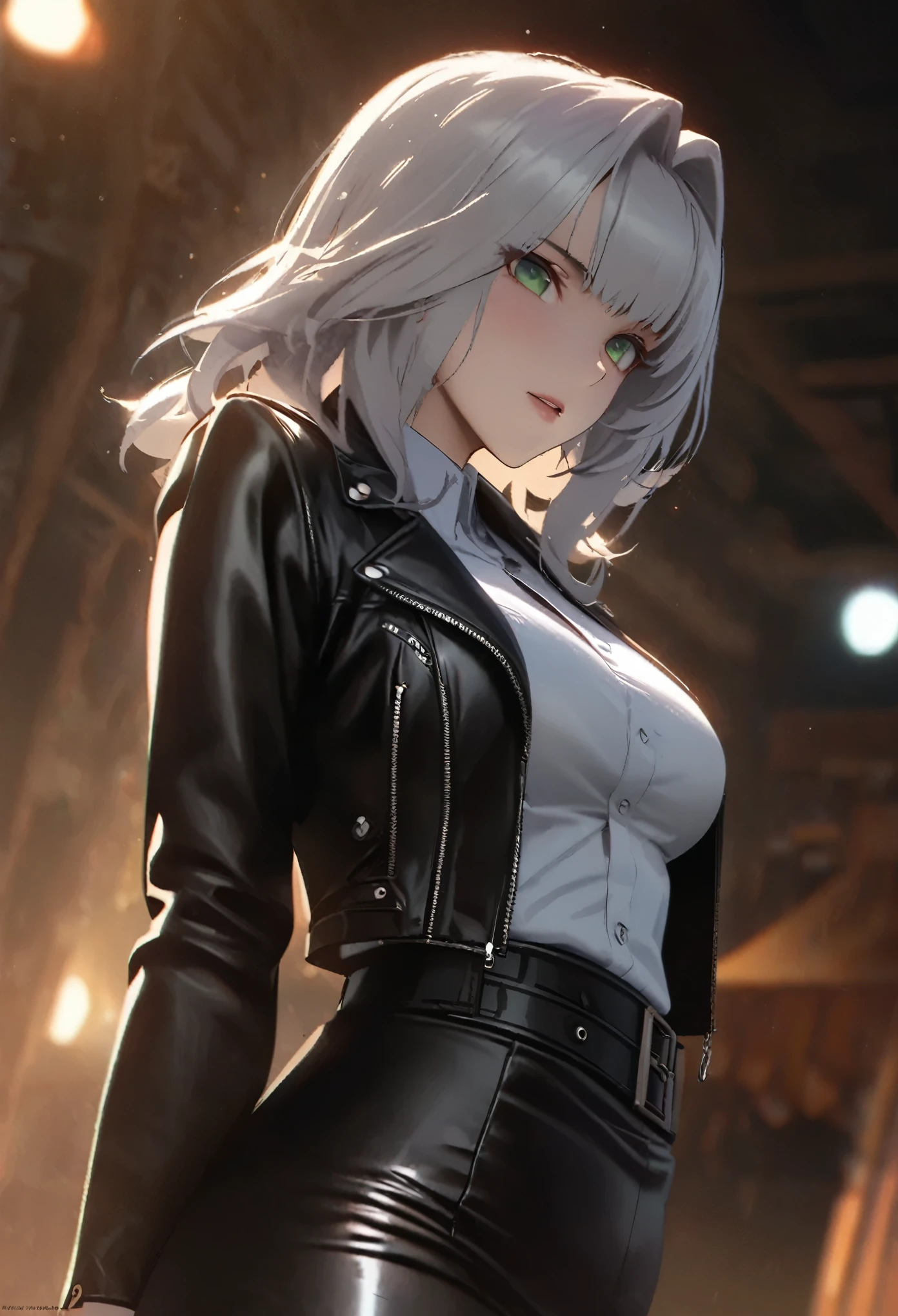 ((solo)), (woman), green eyes, white hair, medium hair, straight hair, (mature adult), old, mature, lady Maria face, fit, medium breasts, a close up of a person, detailed key anime art, casimir art, masamune shiro, masamune, beautiful girl in demon slayer art, heise jinyao, shadowverse style, (no logos), leather pants, leather jacket, white shirt, dull hair, depth of field, cinematic lighting, ray tracing, depth of field, cinematic lighting, ray tracing, UHD, high details, best quality, highres, high quality, award winning, super detail, masterpiece, 8k, UHD, high details, best quality, highres, high quality, award winning, super detail, masterpiece, 8k