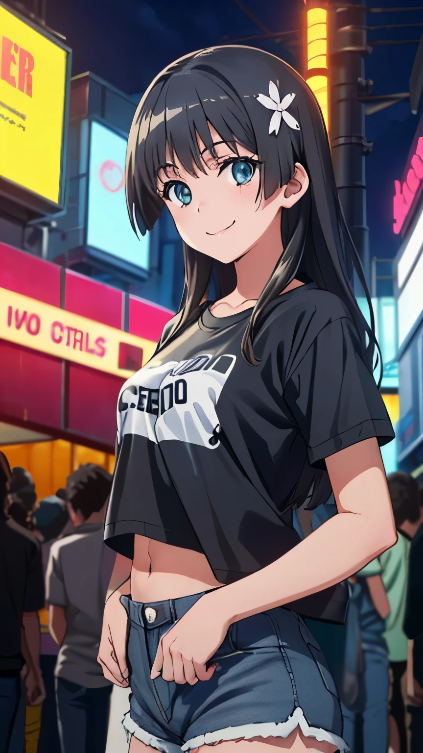 pixel perfect, Perfect in every detail, anime coloring, alone, 1 girl, Saten Ruiko, medium breasts,(silver jacket, T-shirt, shorts, cyberpunk style, night city, neon lights),smile,stylish pose,stylish angle,looking at the viewer,in the center of the image,