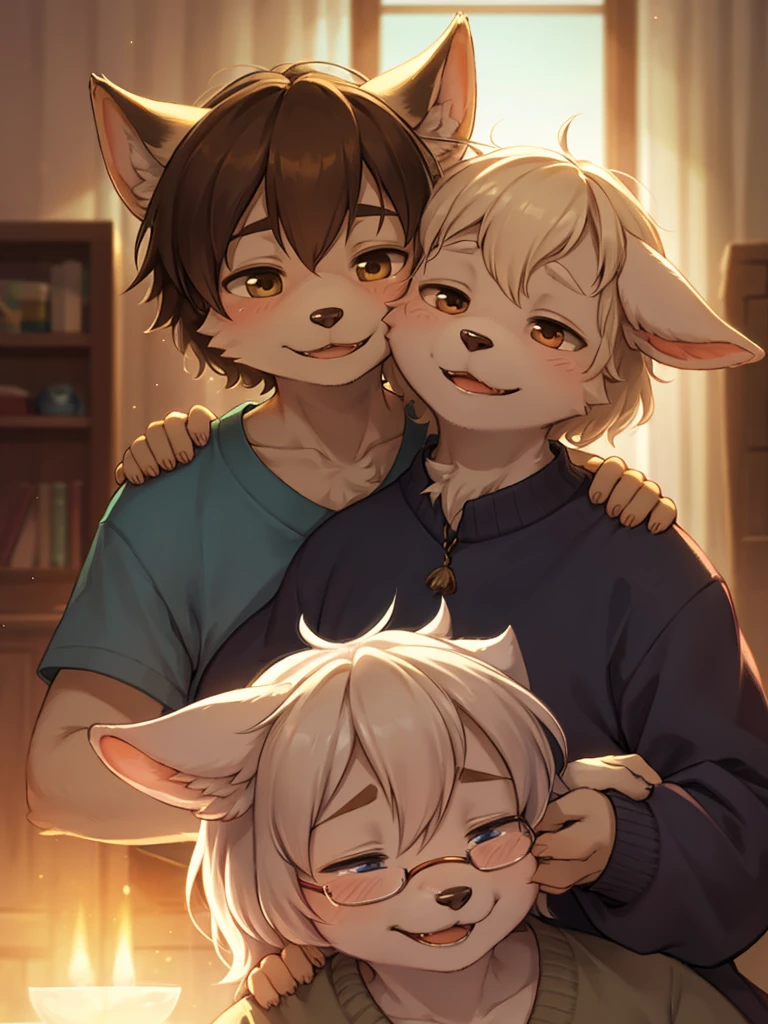 kemoshota, naked harness, 2 boys, full body harness, chest harness, snow, dynamic angle, deer boy and reindeer boy, reindeer body features, heavy breath, naivety, innocent, collar with a bell, sweat, sweat drops, short statue, short height cub boys, baby boys,  8 years old body features, asking out, huddle, Shota , mascot boys, harness training, boys love, 