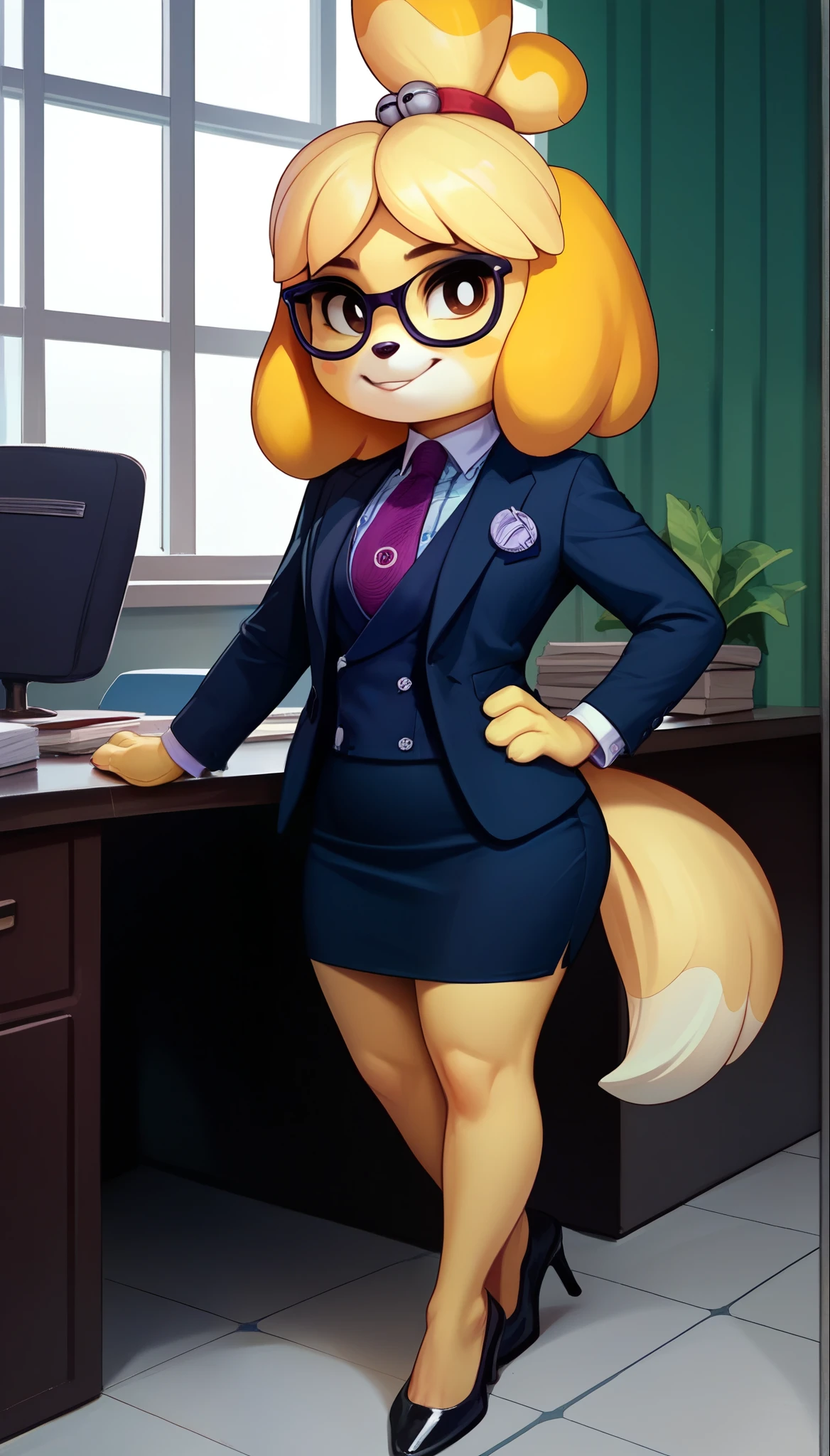 score_9, score_8_up, score_7_up, score_6_up, source_anime, three-piece suit, 1girl, solo, glasses, formal, jewelry, suit, purple necktie, earrings, jacket, waistcoat, shirt, standing, window, dark grey jacket, striped shirt with white collar, grey skirt, makeup, Score_9, score_8_up, score_7_up, high heels
isabelle \(animal crossing\) , cute, source_furry, office cubicle desk background, shortstack, big head, hand on hip, tail, smirk,