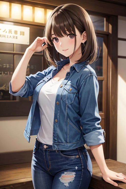 anegasaki nene、Shiny brown hair, short hair, (Beautiful brown eyes、Sparkling eyes, Fine grain)、smile、Ultra-detailed eyes、Highly detailed face, Highly detailed eyes,Cowboy Shot、
(masterpiece, Highest quality:1.1), Cute Face,, ツインテールshort hair, Brown Hair, Cute girl, smile, Denim jacket, Denim mini skirt, city