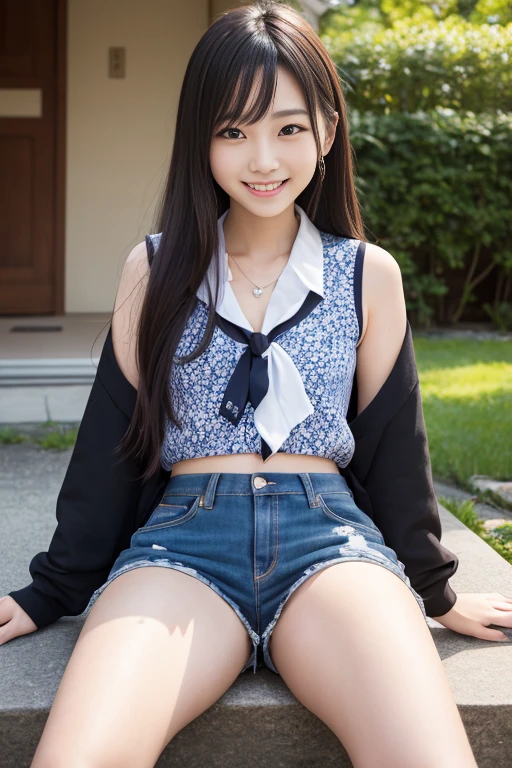 High quality masterpiece, 8k, , Japanese Girls, RAW Photos, Absurd, Winner portrait smile face, 笑face, Alone, Uniform, Summer Clothes Idol&#39;face, violet, Gardenia, Delicate girl, Long black hair, Dark Eyes, Upper body digital SLR, Observe the audience, Frank, Sophisticated, Like々Shii, Thin arms, Professional Writing, Film Grain, chromatic aberration, (Details of the eye and face: 1.0), (Bokeh button:1.1)