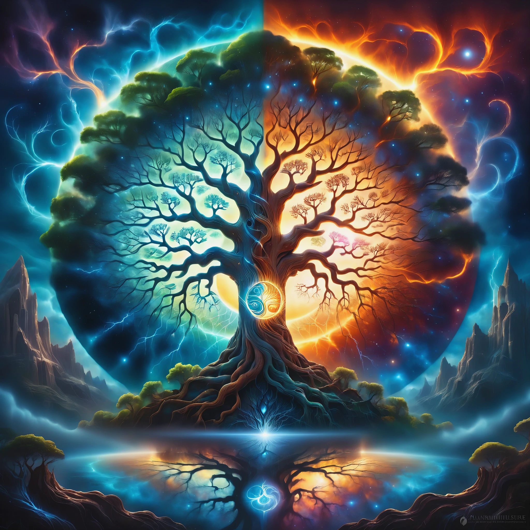 A painting of a tree with the sun and the moon in the background, Cosmic Tree of life, Cosmic Tree, the world Tree, tree of Life seed of doubt, world Tree, tree of Life, Magic Tree, Magic Tree, the tree of Life, Fractal Thunder - Dan Mumford, Fantasy tree, mystical landscapes, Art, Yggdrasil. Representatives of the four elements of nature.