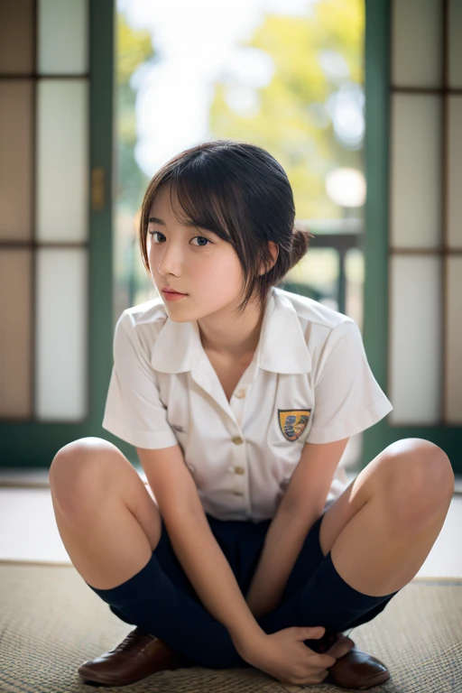 lens: 135mm f1.8,(Highest quality),(Tabletop:1.1), (Beautiful 16 year old Japanese girl), (Moist lips), Narrow eyes, double eyelid,Delicate clavicle,Flat Chest,Shortcuts,
(Let me'Let's take another look), (close:1.4), shame, A faint smile,
(Spotted sunlight:1.2), Dramatic lighting,
(Summer school uniform), (Sunburned skin:0.2),Full body photo、Full Body Focus、Sitting on the floor with legs apart