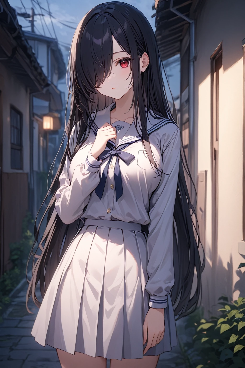 Full Body Portrait, 1girl, Solo, Looking at viewer, Shy, Cute, Red Eyes, Empty Eyes, Expressionless Eyes, Black Hair, Very Long Hair, Straight Hair, ((Hair Over One Eye, Swept Bangs:1.5)), Petite, Large breasts, Pale Skinned, Slender, Curvy, (Long Sleeves, school uniform), Standing, Neighborhood, Cinematic Lighting, Masterpiece, 4K, Best Quality, High Resolution, Accurate, Award Winning, (SuperQuality:1.0) ~ (SuperQuality:1.2)