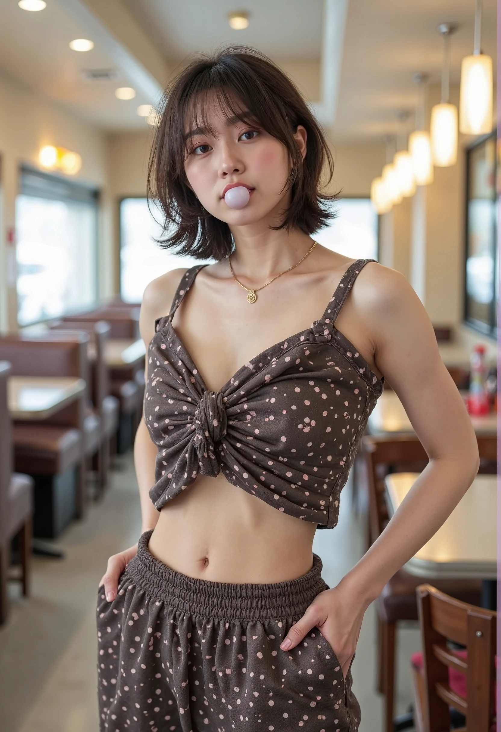 A playful short_hair woman stand in a vintage diner, wearing a knotted plaid crop top and high-waisted shorts adorned with polka dots. She strikes a fun pose, playfully blowing a bubble with her gum while winking at the camera.