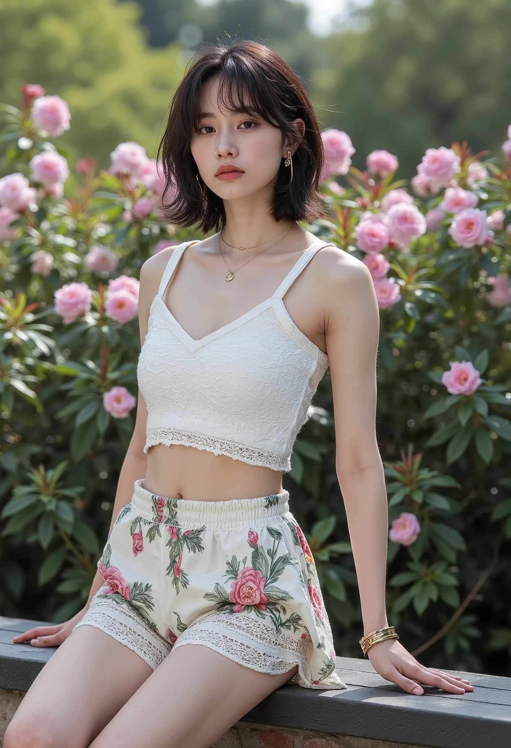 A graceful short_hair woman sit_on a garden bench, dressed in a lace camisole crop top and flowy floral shorts. She looks serene, with her hands resting on her knees, gazing at the blooming flowers around her.