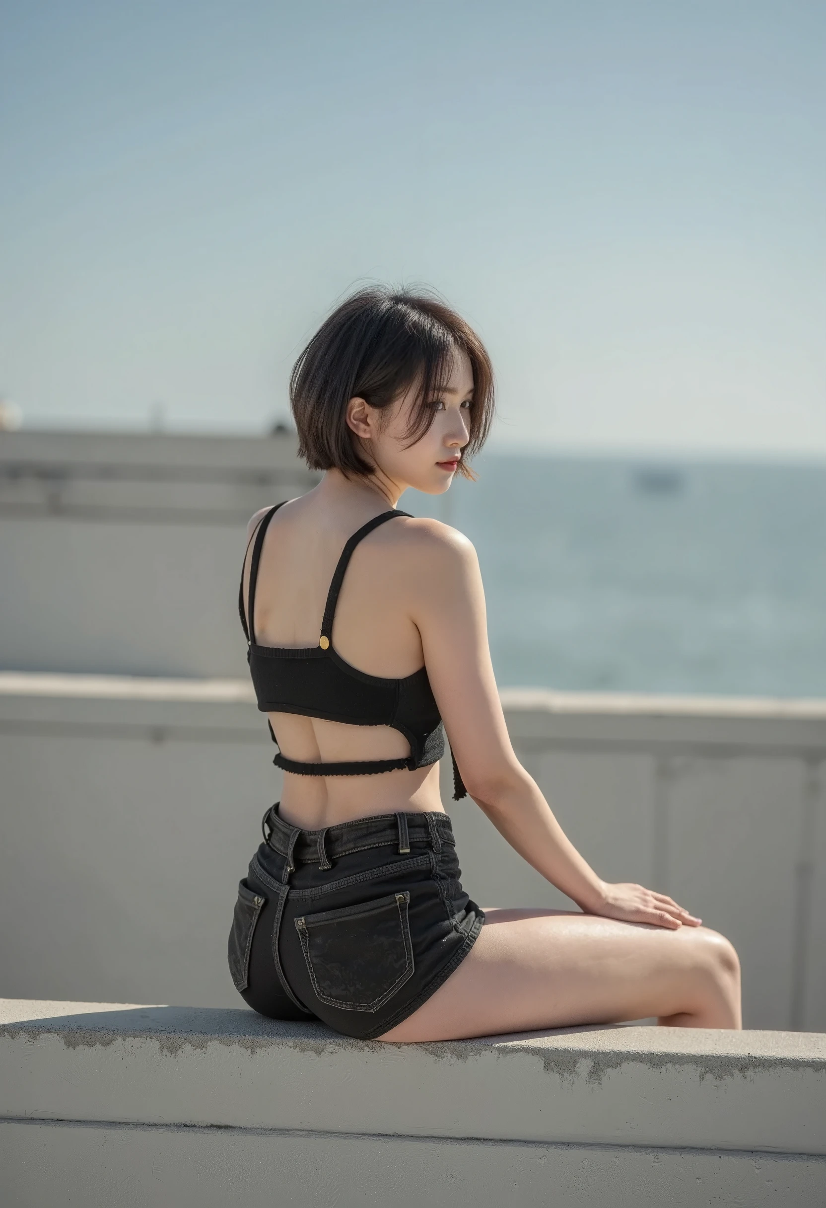 A trendy short_hair woman sit_on the edge of a concrete ledge, wearing a cut-out crop top and distressed shorts. She has a mischievous smile, looking back over her shoulder, as if inviting someone to join her adventure.