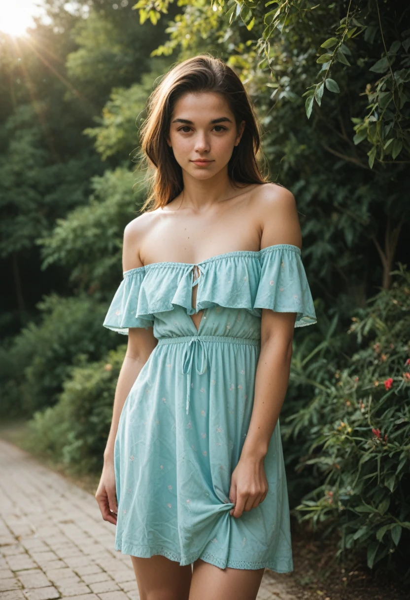 score_9, score_8_up, score_7_up, score_6_up, score_5_up, score_4_up, source_photo, Young woman, pensive, simple off-the-shoulder top, one hand adjusting dress, other hand on shoulder, casual party, relaxed, social atmosphere, soft lighting, warm tones against the gentle light of the setting sun and calm mood, 