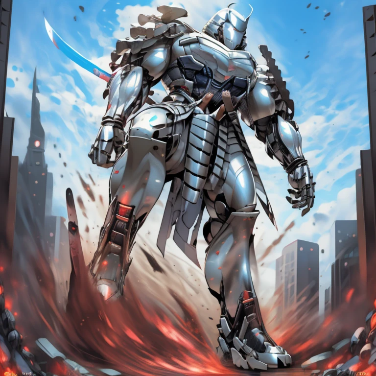 silver samurai.
- masterpiece. best quality. full body. 1boy.
- armor suit. (full armor. cyborg. science fiction. combat helmet) 
- dominating silver samurai. silver samurai is over 1000 meters long. focus GIANT mechanical Muscular silver samurai is trampling the city. Looking down. macro. stomp. Low-angle perspective. emphasizing the immense size.
- holding sword. holding katana.
- The Silver Samurai wears a very wide and long silver cloak.
- full body. No face. 
- looking at viewer. 
- GTS. macro. giant. footstomp.