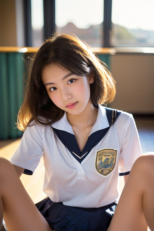 (Sillamäe:1.5), A slender, a masterpiece of, beste-Qualit, Raw foto, photo- realistic, faces, Incredibly absurd, beautiful a girl, cute-cute,short messy hair,鎖骨, depth of ﬁeld, A high resolution, ultra hyper-detailed, finely detail, Extremely detailled, very detailed eyes and faces, Sharp pupils, Realistic pupils, foco nítido, Cinematic lighting,Schoolgirl Uniform、Sitting on legs bending the knees、White panties are visible from the skirt、no-bra、Loose and large shirt、Shoulders are visible、a 10 years old girl、shirt wet、The shirt is peeling off and the sexy collarbone is revealed.、