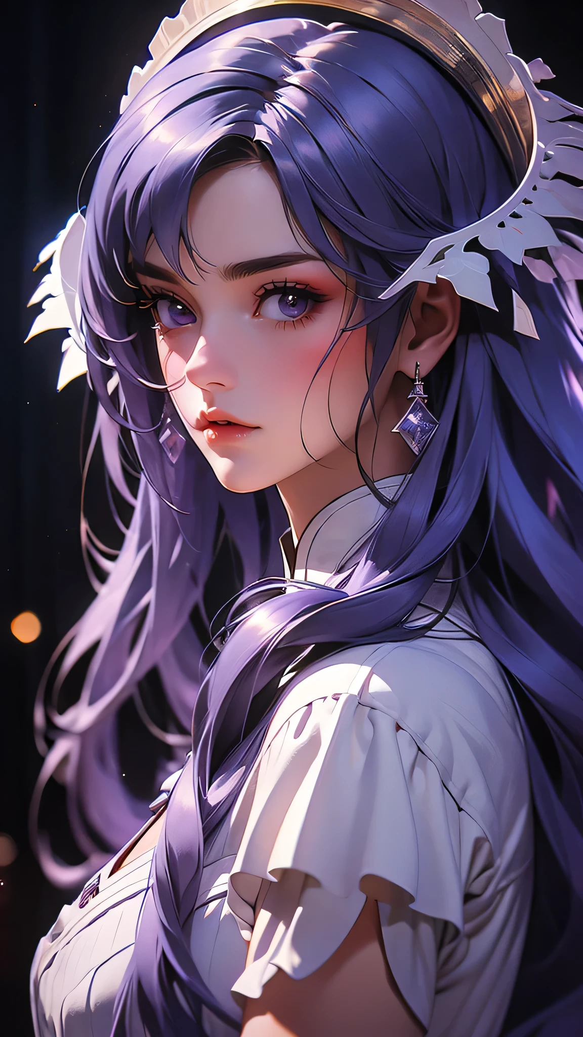 ((Masterpiece)), envision a 8k, highres, cinematic, extremely beautiful semi realistic close up portrait of a beautiful mature lady with a strong face, slender body, mean face, ((long purple hair)), long white dress, blush, flustered, side locks, round face, long sweeping bangs, purple eyes, soft lips, lip gloss, thick eyebrows, round face, ((((1girl)))), in dark lighting, against a dark gray background