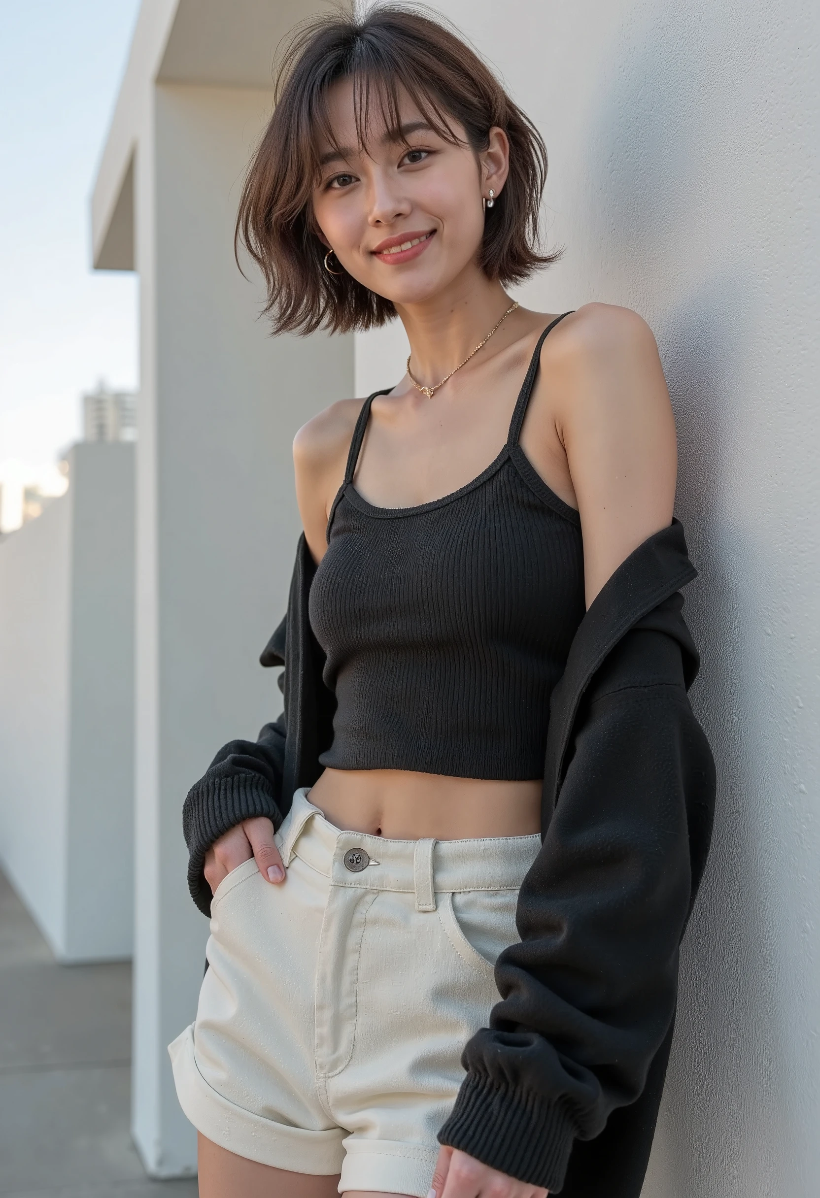 A fashionable short_hair woman lean against a modern art installation, dressed in a long-sleeve cropped cardigan over a sleeveless crop top and tailored shorts. She flashes a confident smile, one hand on her hip, exuding cool confidence.