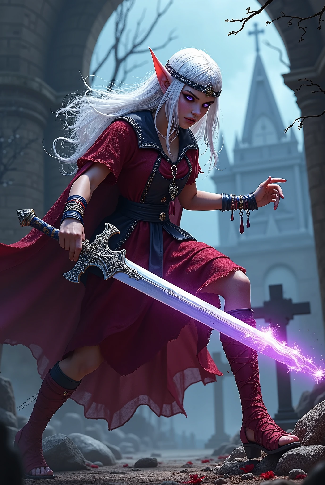 (Ultra-detailed face, Looking Away, Fantasy Illustration with Gothic, Dark Tone Colors), 
BREAK 
(In the center of a deserted graveyard, a female dark elf priestess, with her back turned and her posture low, lunges at a zombie while, in a bold pose and in a large motion, she swings a shining pale sword in her right hand down toward the zombie's knee. In his left hand, he holds a shiny yellow dagger. A trail of light follows the movement of the sword and dagger. The landscape is depicted from the perspective of looking up from below.), 
BREAK 
(This is an old medieval Scandinavian-style church and a large cemetery. Outside the cemetery, we see blackened trees with ghostly branches limp to the ground and a flock of crows. The walls of the church are crumbling here and there, and many of the graves in the cemetery are crumbling and broken. Zombies roam throughout the cemetery.), 
BREAK 
(A young-aged dark elf woman with pure white hair and eyebrows, blunt bangs, long disheveled hair, small pink lips, dark-purple color skin, lavender pupils, thick dark eyeliner around her eyes.), 
BREAK 
(A female dark elf priestess wears a tiara of polarized feathers of a bird of paradise and a blue and red colors charm bracelet and tassel pendant. She wears a cape dress with layers of crimson color lace. She wears knee-high sandals woven with red lace.)