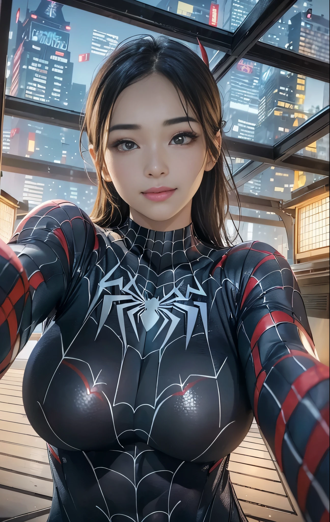 Photorealistic, (close-up:1.4, exposed face), ((wide angle shot, seen from forward, facing forward, front to front):1.4), in frame, a young japanese girl, ((wearing black spiderman costume, graphene material):1.3), ((naked):1.2), (exposed her bare breast):1.4)), (symbiote likeness:1.34), a hyperrealistic beautiful young girls, (((detailed eyes:1.3), detailed face feature, sensual lips, mesmerizing looks)1.43),  ((smile):1.2), ((black hair):1.3), (natural sagging big breast), high detailed digital artwork, beautiful girls with slim body and proporsional body posture, perfect abs, attractive young girl, standing with sexy pose, simple background, realistic portrait, smooth photorealistic, ((perfect visual of a cute girl)), face focus, photon mapping, cinematic light, warm color tones