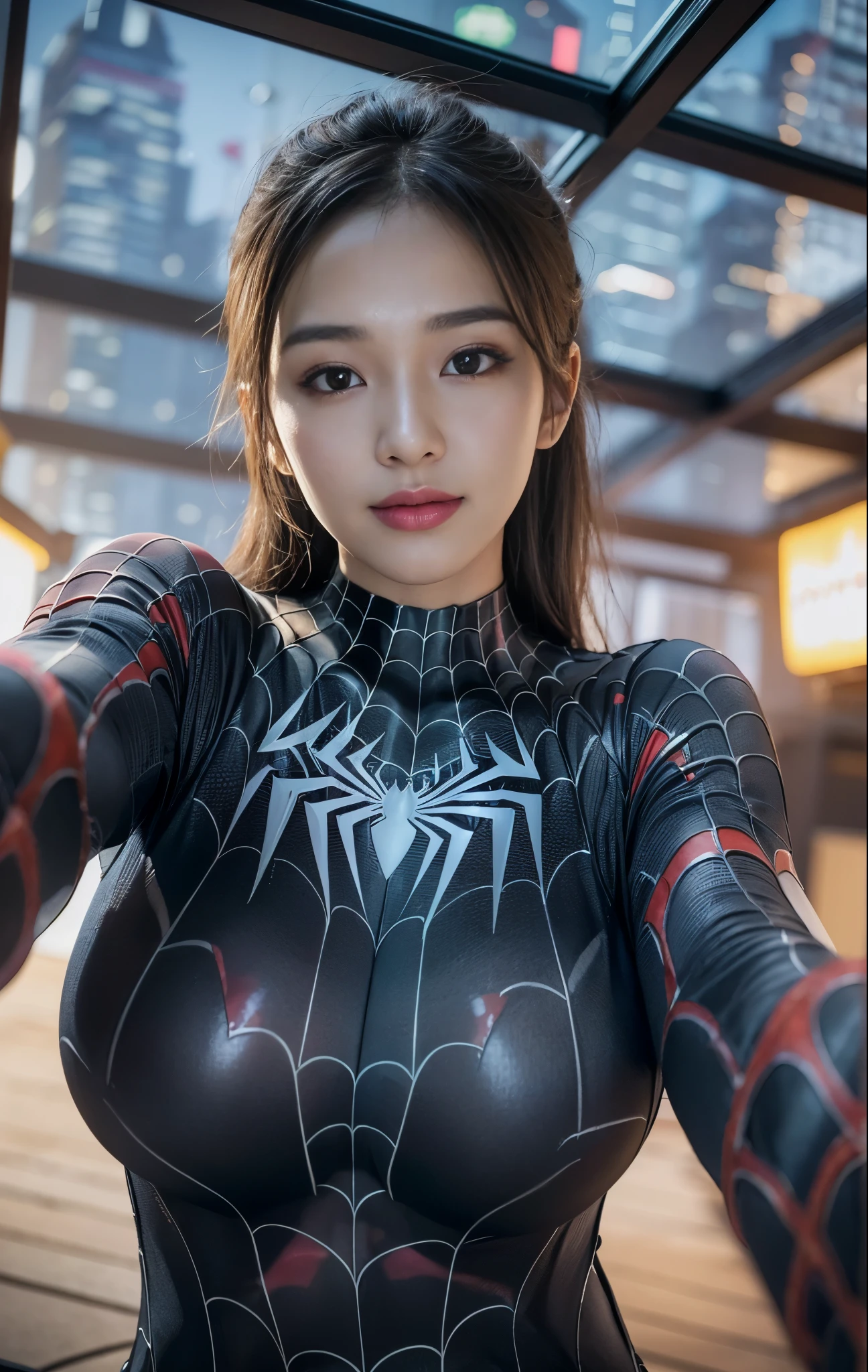 Photorealistic, (close-up:1.4, exposed face), ((wide angle shot, seen from forward, facing forward, front to front):1.4), in frame, a young japanese girl, ((wearing black spiderman costume, graphene material):1.3), ((naked):1.2), (exposed her bare breast):1.4)), (symbiote likeness:1.34), a hyperrealistic beautiful young girls, (((detailed eyes:1.3), detailed face feature, sensual lips, mesmerizing looks)1.43),  ((smile):1.2), ((black hair):1.3), (natural sagging big breast), high detailed digital artwork, beautiful girls with slim body and proporsional body posture, perfect abs, attractive young girl, standing with sexy pose, simple background, realistic portrait, smooth photorealistic, ((perfect visual of a cute girl)), face focus, photon mapping, cinematic light, warm color tones