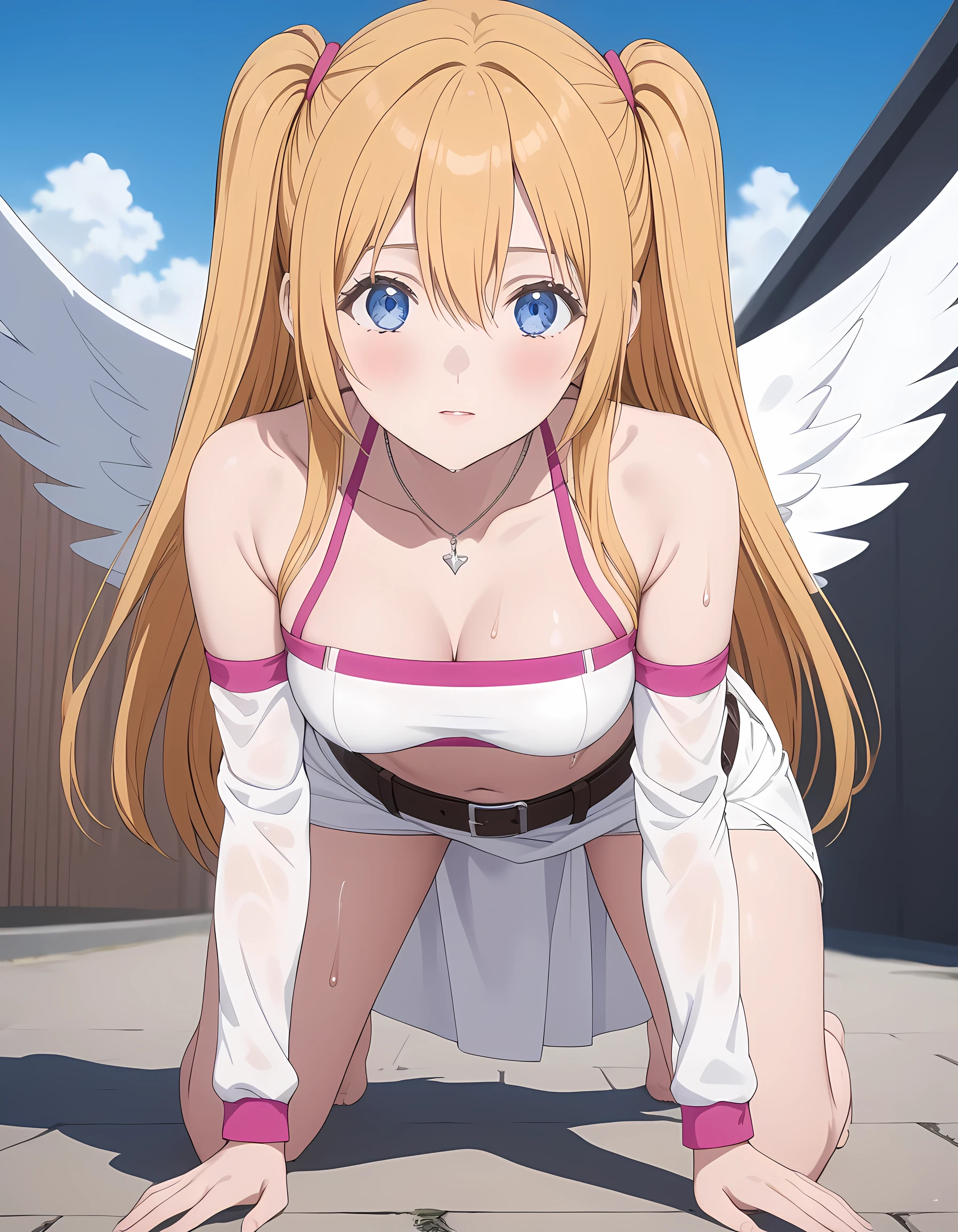 score_9, score_8_superior, score_7_superior, masterpiece, best quality, absurdres, high_fidelity, vibrant, sauce_anime, (rating_explicit:1.2), masterpiece, Highest quality, ririsaamano, Adorable, long hair, bangs, blue eyes, blonde hair, hair between eyes, two sides up, long sleeves, wings, White and pink outfit, jacket, crop top, abdomen, underboob, White skirt, belt, white jacket, necklace, bare shoulders, separate sleeves, white panties, Wet Body, all on fours, Put your hands on the ground, Raise your buttocks high, Watching the Viewer, Angle from behind, outdoor