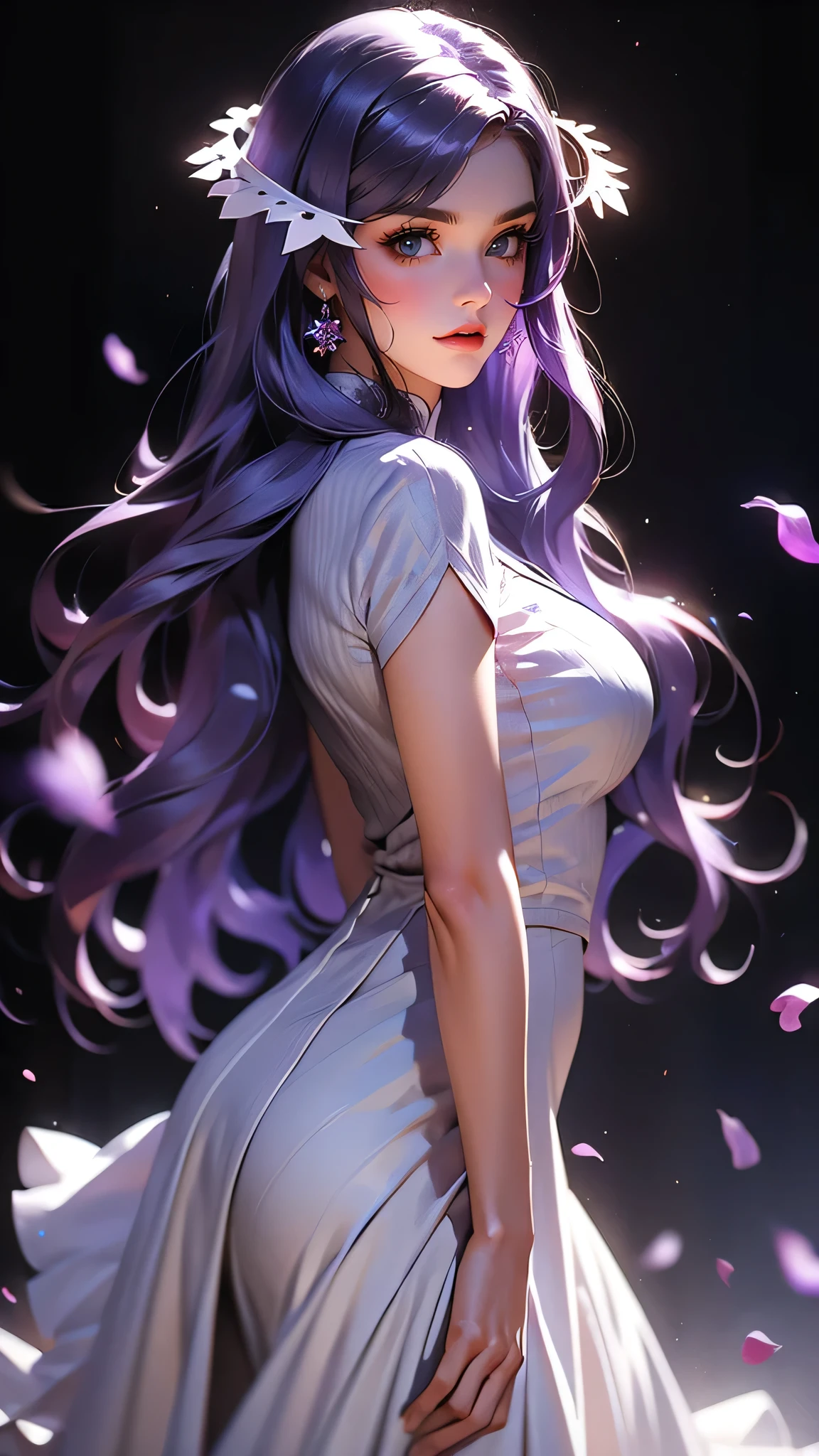 ((Masterpiece)), envision a 8k, highres, cinematic, extremely beautiful semi realistic full body pinup of a beautiful mature lady with a strong face, slender body, mean face, ((long purple hair)), long white dress, blush, flustered, side locks, round face, long sweeping bangs, purple eyes, soft lips, lip gloss, thick eyebrows, round face, ((((1girl)))), in dark lighting, against a dark gray background