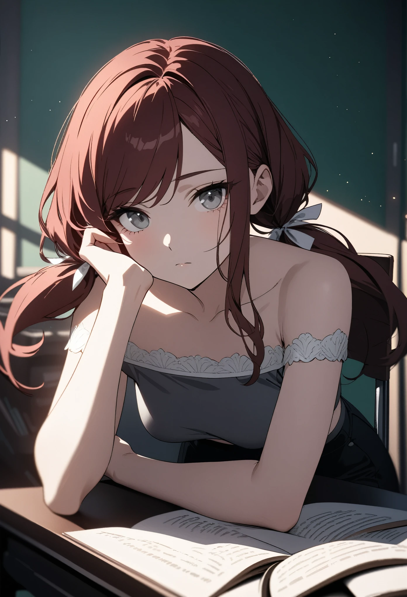 Anime girl sitting at a desk with a book and a book - SeaArt AI
