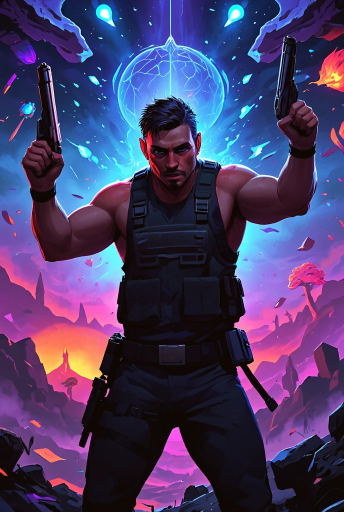 “A dynamic 2D vector depiction of a man in a heroic pose, wearing a tactical vest and dual revolvers crossed over his chest, set against a psychedelic backdrop. This image is inspired by digital art and fantasy themes, featuring vivid, swirling colors and abstract patterns. | The environment/background should include an ethereal landscape with floating geometric shapes, vibrant bursts of color, and whimsical elements, creating a surreal and captivating atmosphere. | The image should be in the style of psychedelic fantasy, incorporating elements of fluid shapes, bright neon colors, and a fusion of digital aesthetics. | The camera shot should be a medium close-up, captured with a standard lens, to provide a detailed and engaging perspective of the man in action. | The lighting should be intense and colorful, with radiant highlights and contrasts, emphasizing the man’s features and the fantastical elements in the background. | The desired level of detail is high with a vector resolution, highlighting the intricacies of the revolvers, the man’s attire, and the dynamic elements of the surreal environment. | The goal is to create an enchanting image that conveys a sense of adventure and mystique, capturing the essence of the man’s strength in a psychedelic fantasy world.”