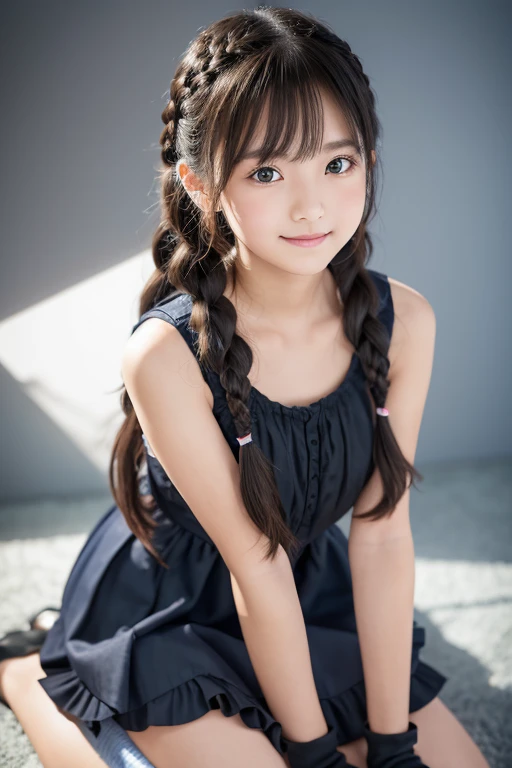 Female junior high school student、Very cute girl、、An angelic smile、
break、Flaxen Hair、Side braided hair、Long Hair、Thready hair、Expressive Hair、Dynamic hair、
break、Sleeveless dress、Black Goth Dress、A cute dress full of frills、Especially short skirts、Striped knee-high socks、Red pumps、
break、
High resolution, masterpiece, accurate, Anatomically correct, Winner of numerous awards, 最high quality, High-resolution model, High detail, high quality, Retina, Very detailed, Ultra high definition, Textured skin, 
break、Full body shot、Photographed by a professional photographer、Soft Light Source、Low angle、Looking at the camera、Use of reflector plate