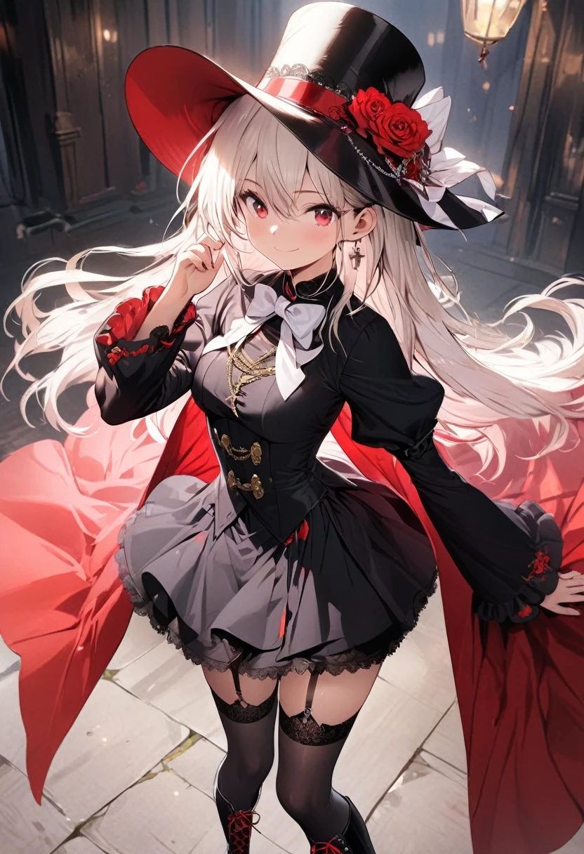 (masterpiece),(best quality),(ultra-detailed),(best illustration),(best shadow),(absurdres),(detailed background), 1girl, solo, hat, garter-straps, thighhighs, top-hat, hat-flower, boots, black-headwear, black-thighhighs, white-hair, knee-boots, skirt, looking-at-viewer, simple-background, between-fingers, (red-eyes), red-flower, black-footwear, hand-on-headwear, wide-sleeves, long-sleeves, pleated-skirt, very-long-hair, closed-mouth, black-skirt, red-rose, miniskirt, smile, cross-laced-footwear, bowtie, cross-laced-clothes, frills, adjusting-clothes, frilled-sleeves, zettai-ryouiki, hair-between-eyes, thighhighs-under-boots, hat-tip, adjusting-headwear, white-bow, lace-up-boots, brown-eyes, waist-cape, tailcoat, clothing-cutout, white-bowtie, coat, black-dress, floating-hair, standing, chain, puffy-sleeves
