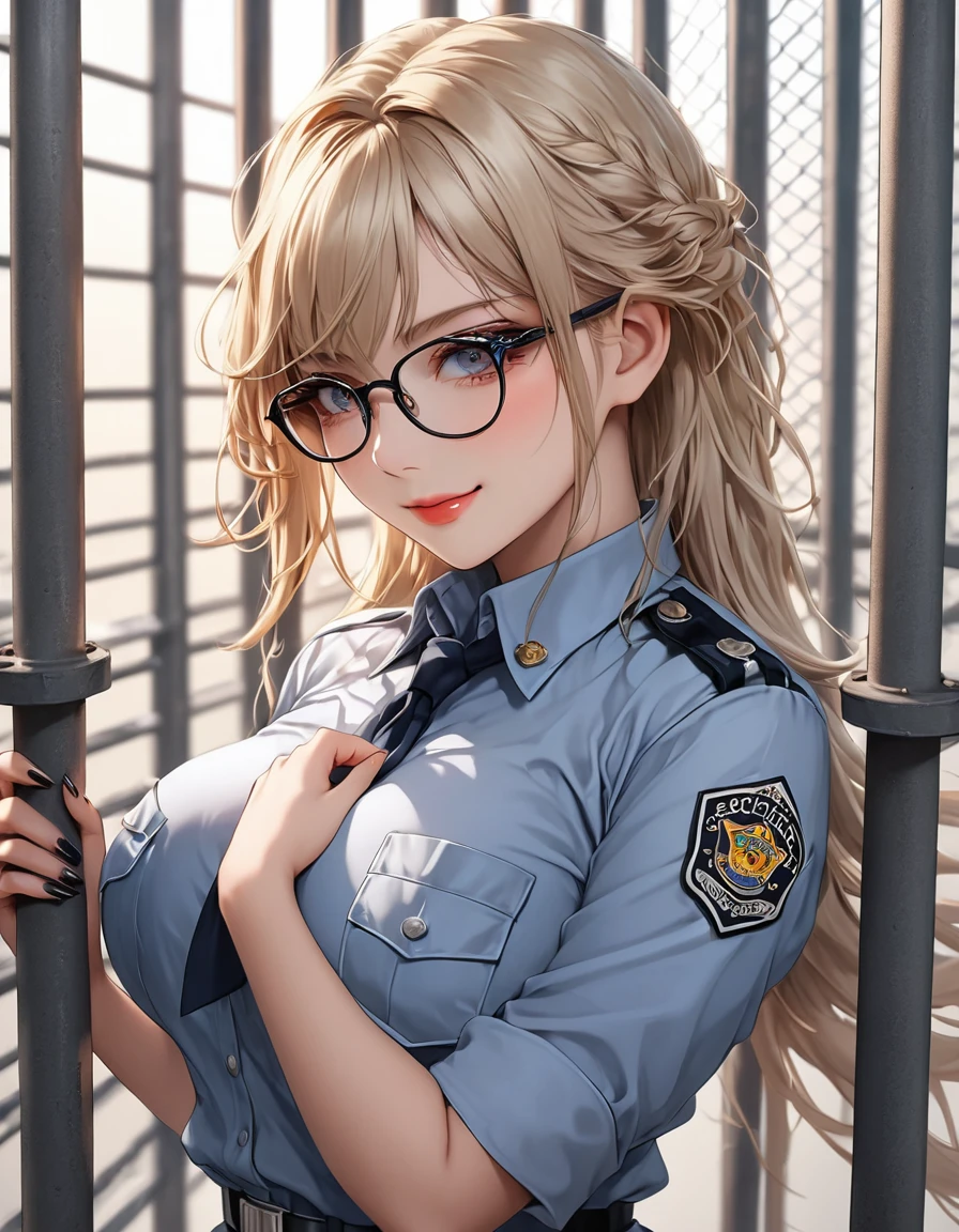 masterpiece, best quality, highly dramatic picture, beautiful eyes, cinematic lens effect, ((prison guard)), ((Busty Bitches)),  ecchi girl sexy photoshoot, confident pose, smile , glasses 