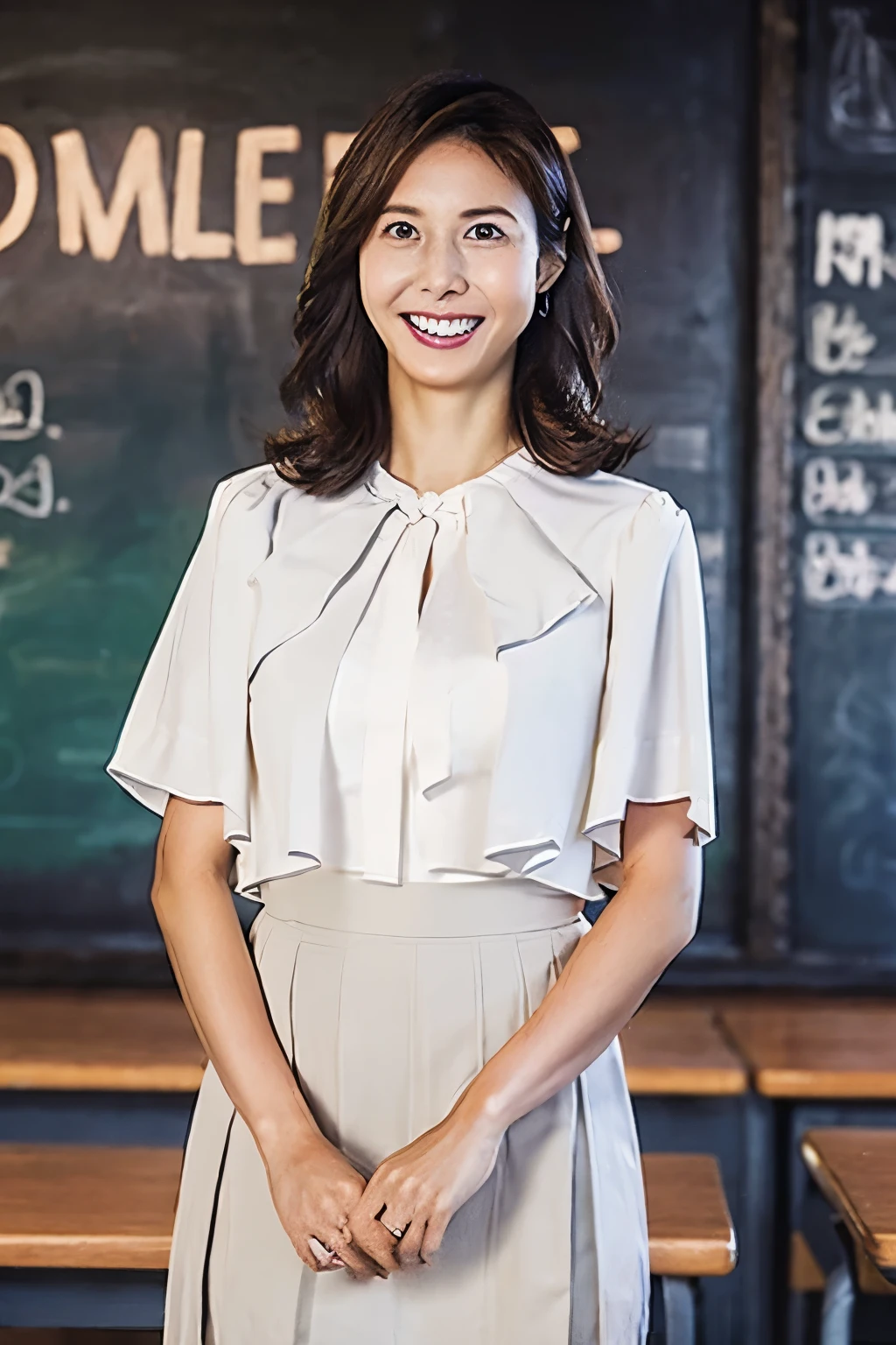 Brown Hair、Medium Hair、Smiling、Big Breasts、Sexy body、White Shirt with Ruffles、Black mini skirt、teacher、Standing in front of a blackboard、In a school classroom