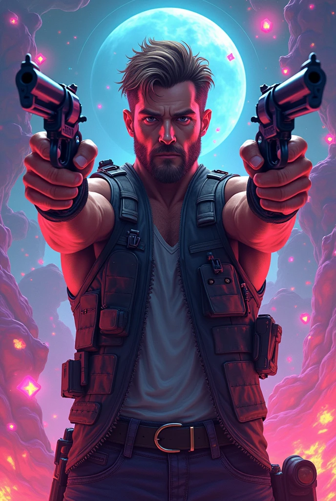 “A dynamic 2D vector depiction of a man in a heroic pose, wearing a tactical vest and dual revolvers crossed over his chest, set against a psychedelic backdrop. This image is inspired by digital art and fantasy themes, featuring vivid, swirling colors and abstract patterns. | The environment/background should include an ethereal landscape with floating geometric shapes, vibrant bursts of color, and whimsical elements, creating a surreal and captivating atmosphere. | The image should be in the style of psychedelic fantasy, incorporating elements of fluid shapes, bright neon colors, and a fusion of digital aesthetics. | The camera shot should be a medium close-up, captured with a standard lens, to provide a detailed and engaging perspective of the man in action. | The lighting should be intense and colorful, with radiant highlights and contrasts, emphasizing the man’s features and the fantastical elements in the background. | The desired level of detail is high with a vector resolution, highlighting the intricacies of the revolvers, the man’s attire, and the dynamic elements of the surreal environment. | The goal is to create an enchanting image that conveys a sense of adventure and mystique, capturing the essence of the man’s strength in a psychedelic fantasy world.”