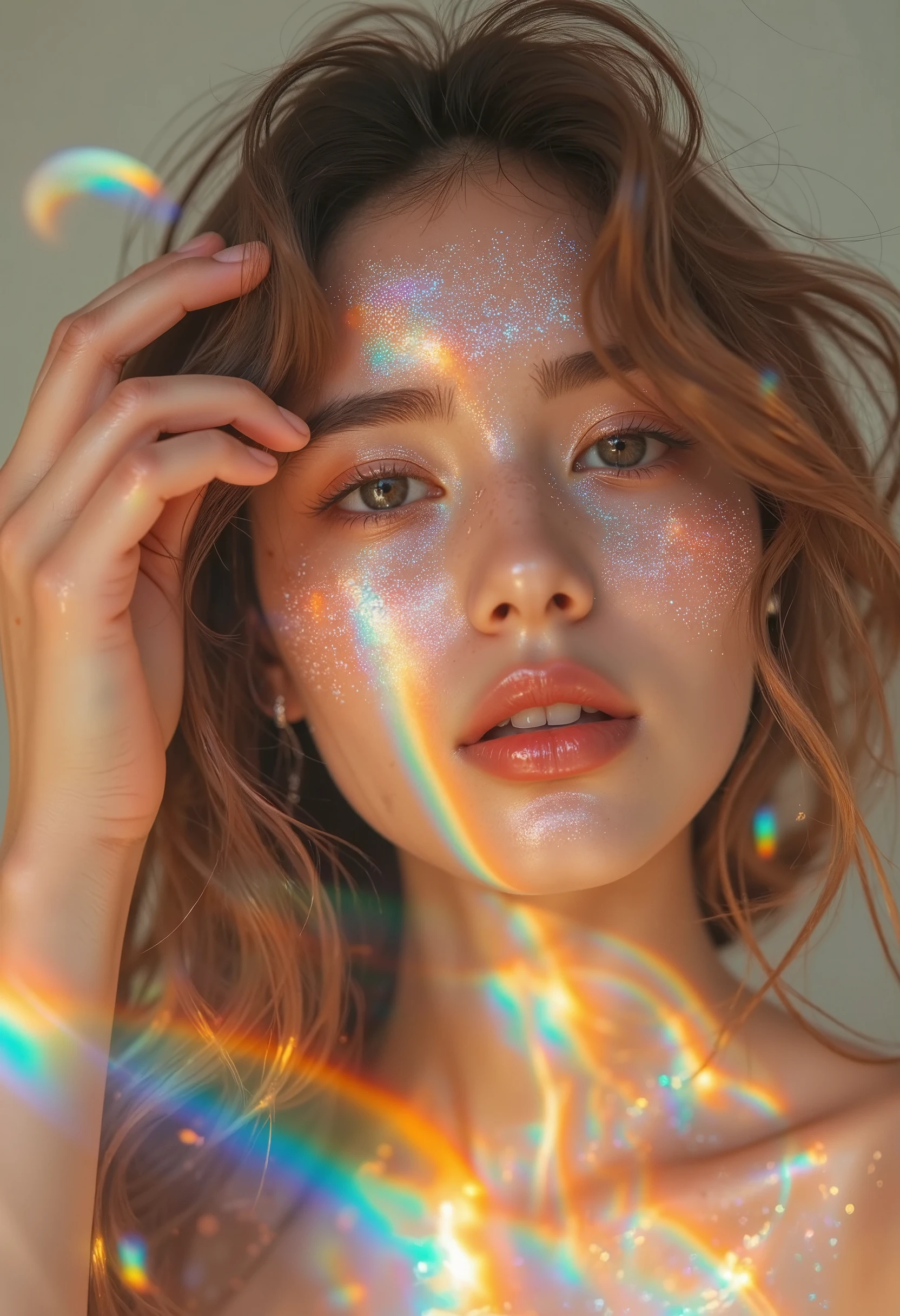 Iridescent_skin of a woman with wavy hair, in a summer dress, softly smiling with glowing skin that reflects rainbow shades under the sunlight.

