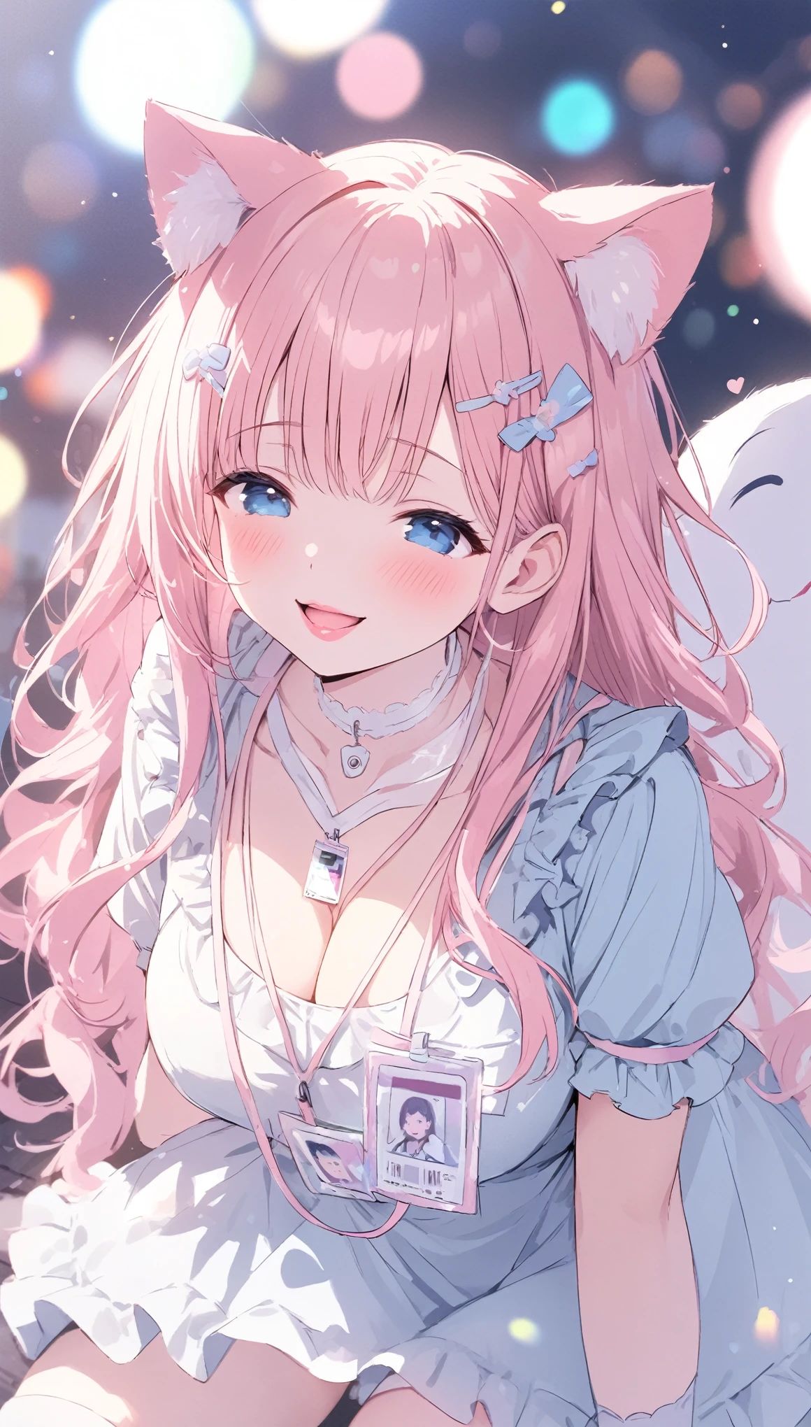 @origiri, 1girl\(blue eyes,big eyes,tareme,(((((droopy eyes))))),(((narrow eyes))),cute,((plump)), (long hair:1.3),(((pastel)) light-pink hair),(wavy hair:1.2),(hair floating), pale skin,(pink cheeks),((pink lips)),bangs, cat ears, dress\(short,((pastel)) ((pink)), (ta), open cleavage\),white apron, large breasts, blurry foreground, blush, bokeh,depth of field, smile, open mouth, tall, cheerful pose,((cute hairpins)),((pink lips)),white garter thigh high socks,((id-card from neck))\), ((pastel colors)), BREAK ,background\(dreamland, ((pastel colors)),many lights\), BREAK ,quality\(8k,wallpaper of extremely detailed CG unit, ​masterpiece,hight resolution,top-quality,top-quality real texture skin,hyper realisitic,increase the resolution,RAW photos,best qualtiy,highly detailed,the wallpaper,cinematic lighting,ray trace,golden ratio,\),from below,[nsfw:2.0]