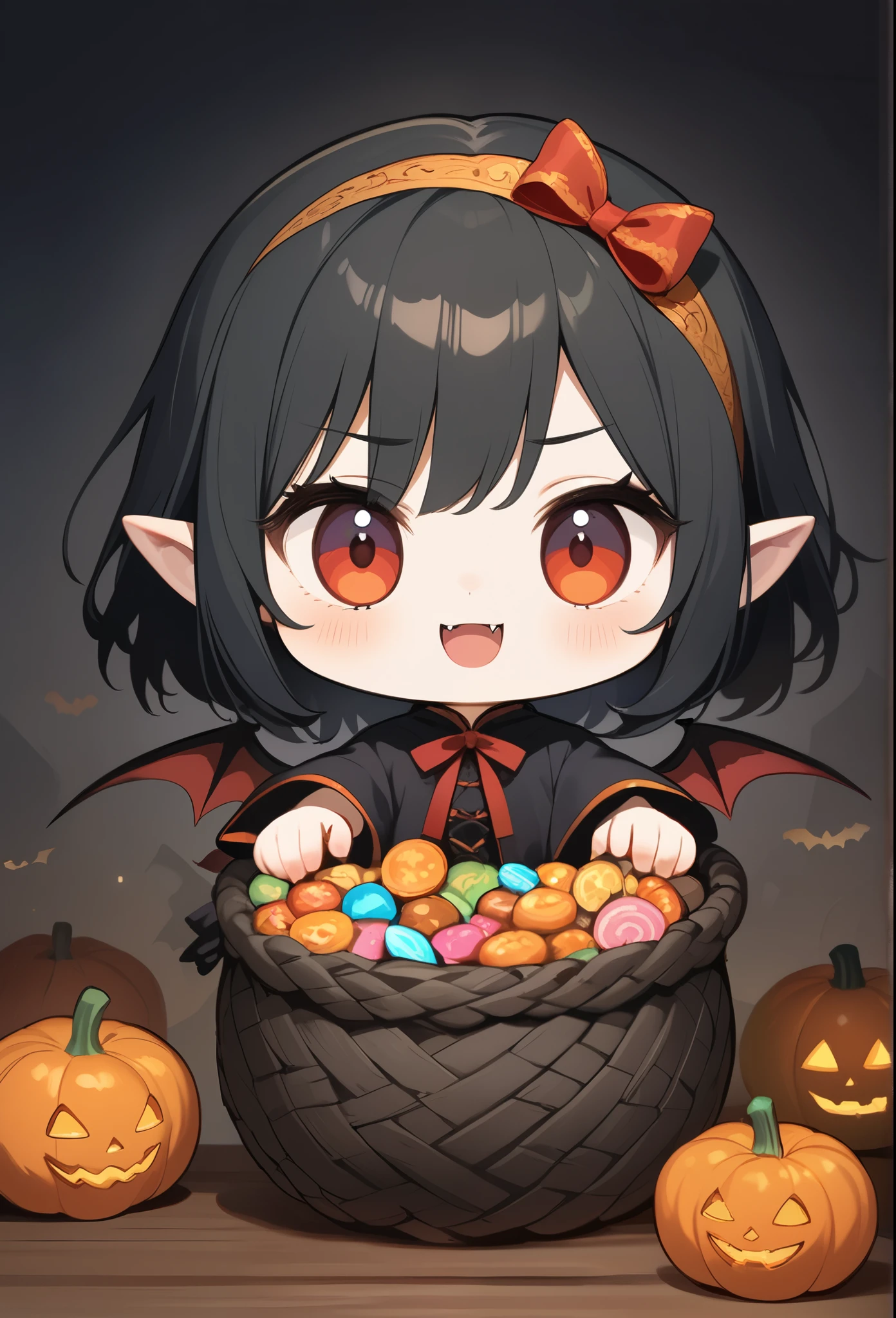  1girl\(vicomte, chibi, of 8, cute, vampire,,vampire wings, red eyes,open mouth, sharp vampire fangs,black short hair, long elven ears,cute (((red ribbon))) headband, big evil smile, big eyes,vampire robe with beautiful gold embroidery, create a stir at the viewer, cute basket with colorful candies and chocolates inside\),dark night, Halloween night,jack-o-lanterns, gothic mood,[nsfw:2.0], BREAK ,quality\(8k,wallpaper of extremely detailed CG unit, ​masterpiece,hight resolution,top-quality,top-quality real texture skin,hyper realisitic,increase the resolution,RAW photos,best qualtiy,highly detailed,the wallpaper,cinematic lighting,ray trace,golden ratio,\)